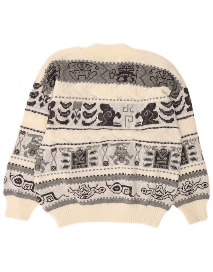 Pulover vintage pentru bărbați cu decolteu în V, mare, alb, geometric
