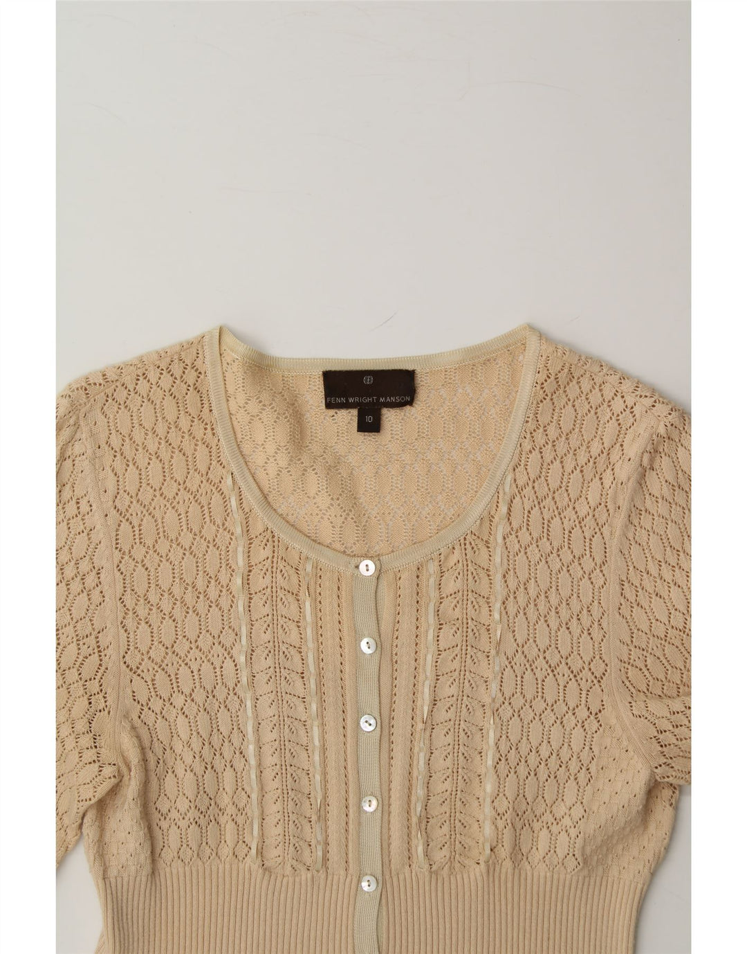 FENN WRIGHT MANSON Womens Cardigan Sweater UK 10 Small Beige Striped Vintage Fenn Wright Manson and Second-Hand Fenn Wright Manson from Messina Hembry 