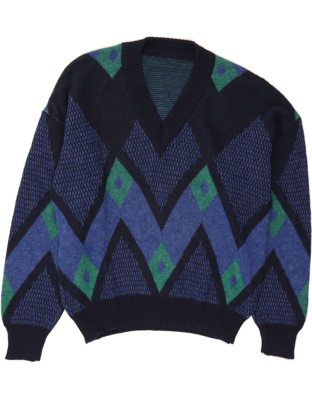 VINTAGE Mens V-Neck Jumper Sweater IT 50 Medium Navy Blue Chevron Vintage Vintage and Second-Hand Vintage from Messina Hembry 