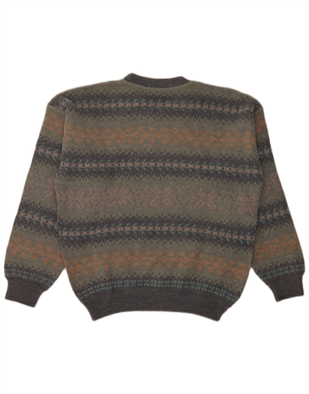 Pulover Vintage pentru bărbați cu gâtul turnat, mare, gri din lână Fair Isle