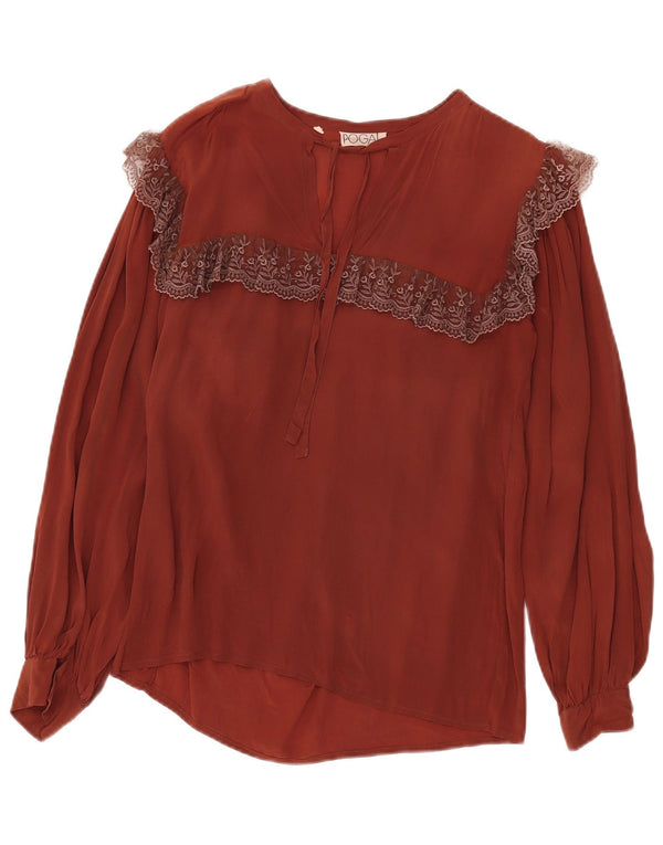 Bluză vintage cu mânecă lungă transparentă pentru femei IT 42 Maro mediu Floral
