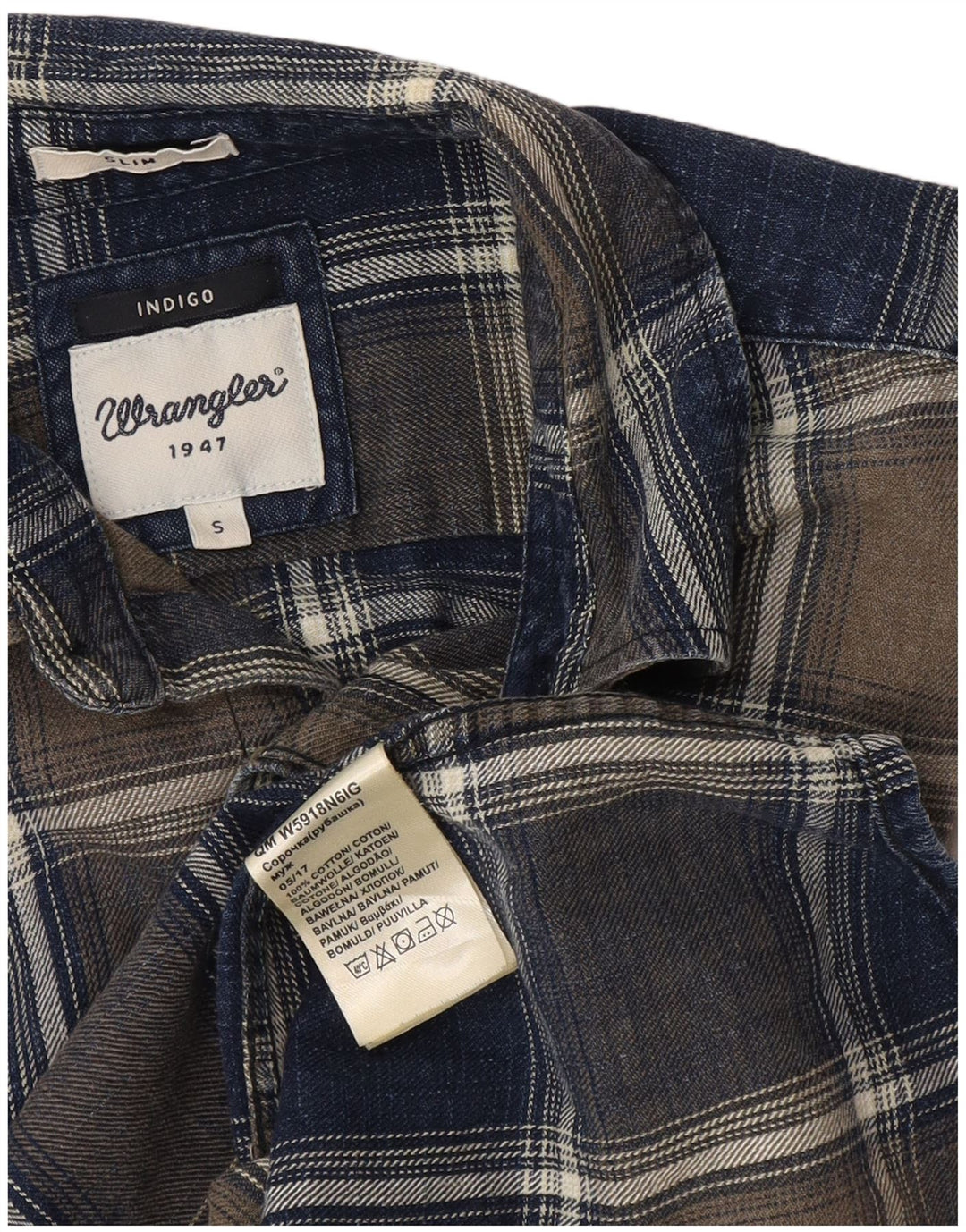 Cămașă de flanel subțire în carouri indigo Wrangler pentru bărbați, cu carouri mici, bleumarin