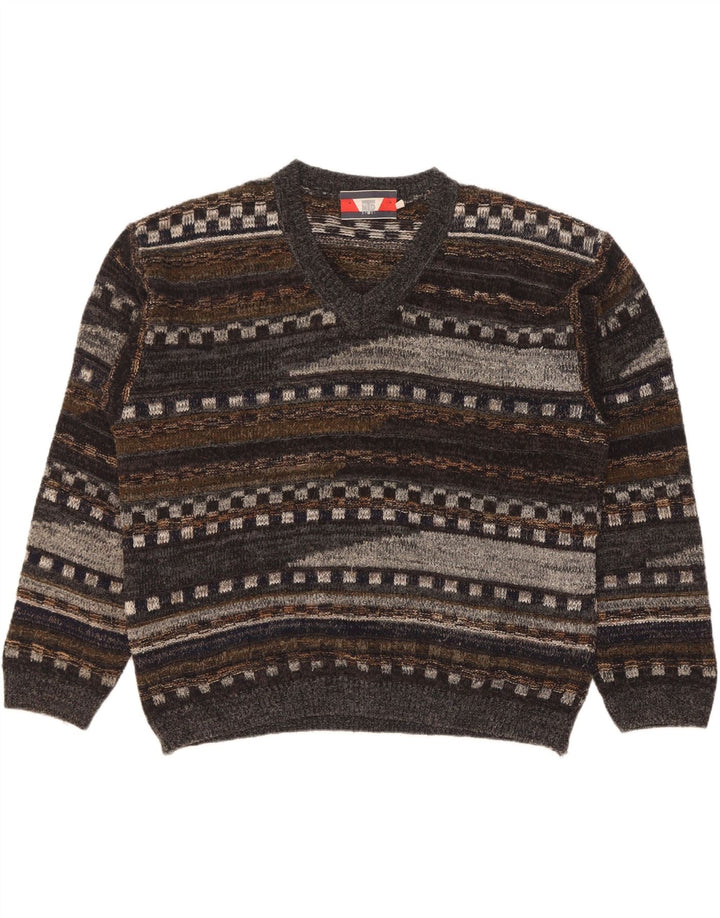 Pulover vintage pentru bărbați cu decolteu în V, lână geometrică mare, gri