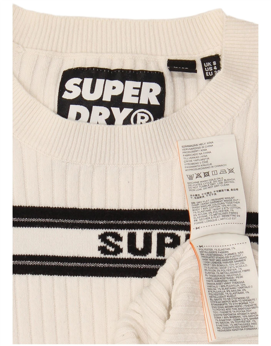 SUPERDRY Pulover cu decolteu rotund cu grafic pentru femei UK 8 Mic cu dungi albe
