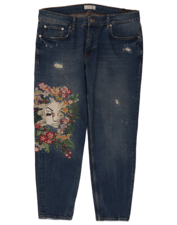 Blugi drepți cu grafic pentru femei Zara EU 42 Large W32 L27 Blue Floral Bumbac
