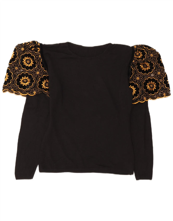 Bluză vintage pentru femei cu mâneci lungi Top UK 12 Medium Black Floral