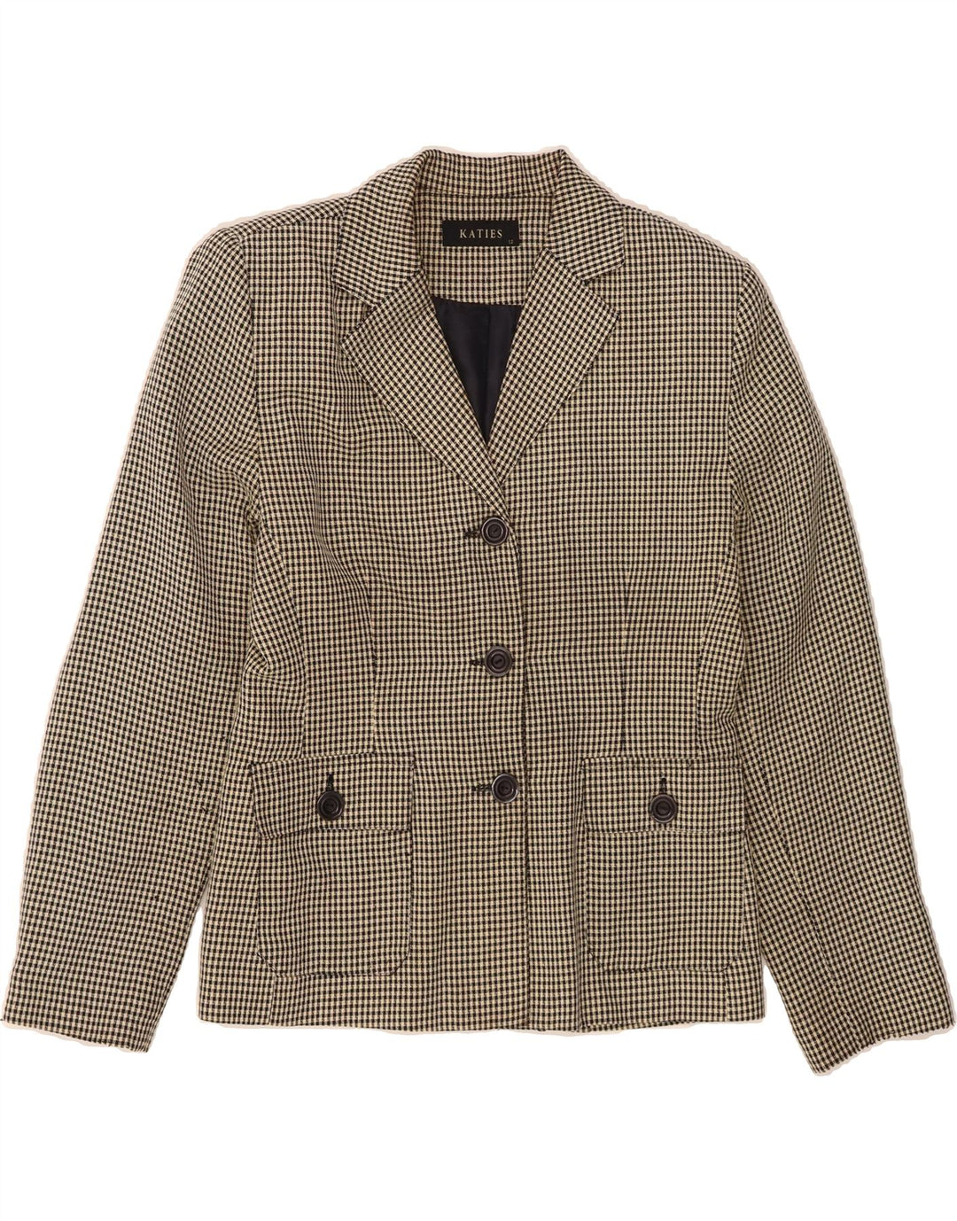 VINTAGE Womens 3 Button Blazer Jacket UK 12 Medium Beige Houndstooth Vintage Vintage and Second-Hand Vintage from Messina Hembry 