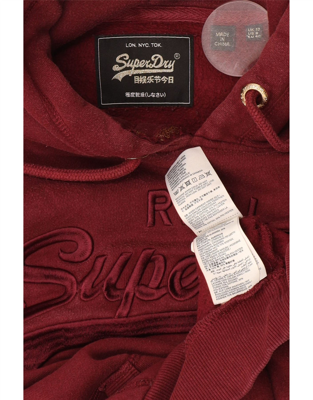 Pulover Superdry pentru damă cu grafic Crop Hoodie UK 12 Medium Burgundy Bumbac