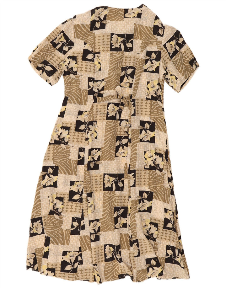 Rochie de ceai vintage pentru femei UK 14 Medium Beige Patchwork Matase