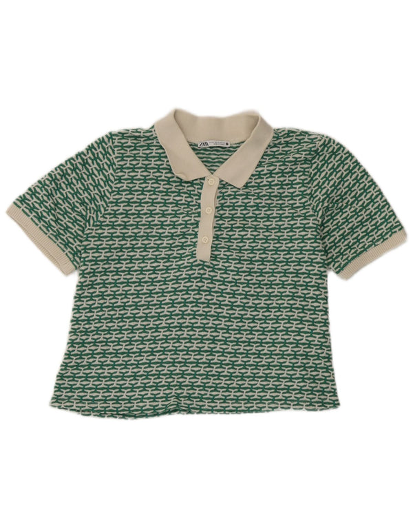 Pulover cu gât polo scurt Zara pentru femei UK 12 Medium Green Geometric