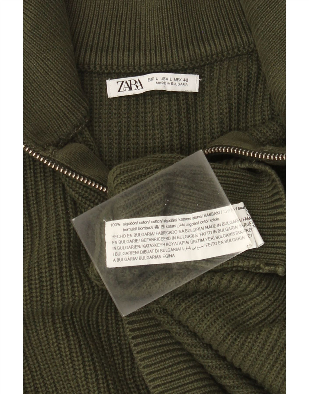 Pulover ZARA pentru bărbați, cu fermoar și gât, din bumbac verde mare
