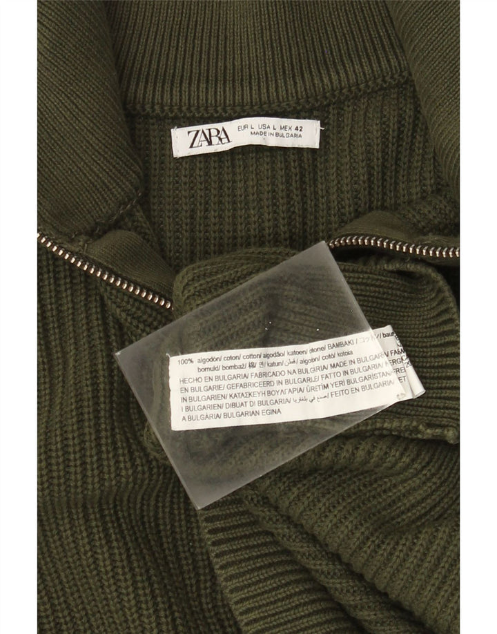 Pulover ZARA pentru bărbați, cu fermoar și gât, din bumbac verde mare
