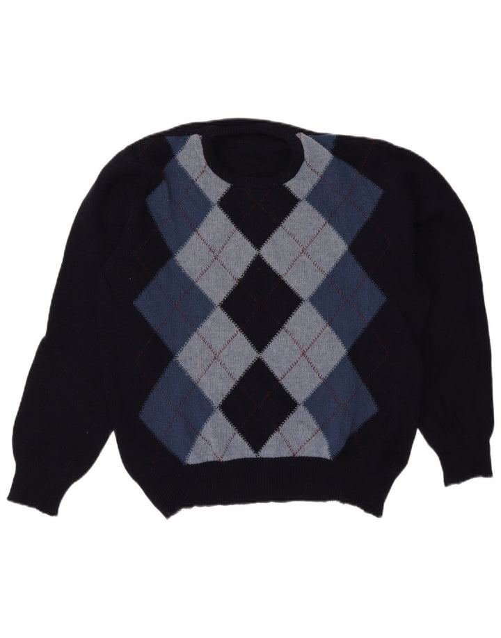 Pulover vintage pentru bărbați cu decolteu triplu, mare, albastru marin Argyle/Diamond