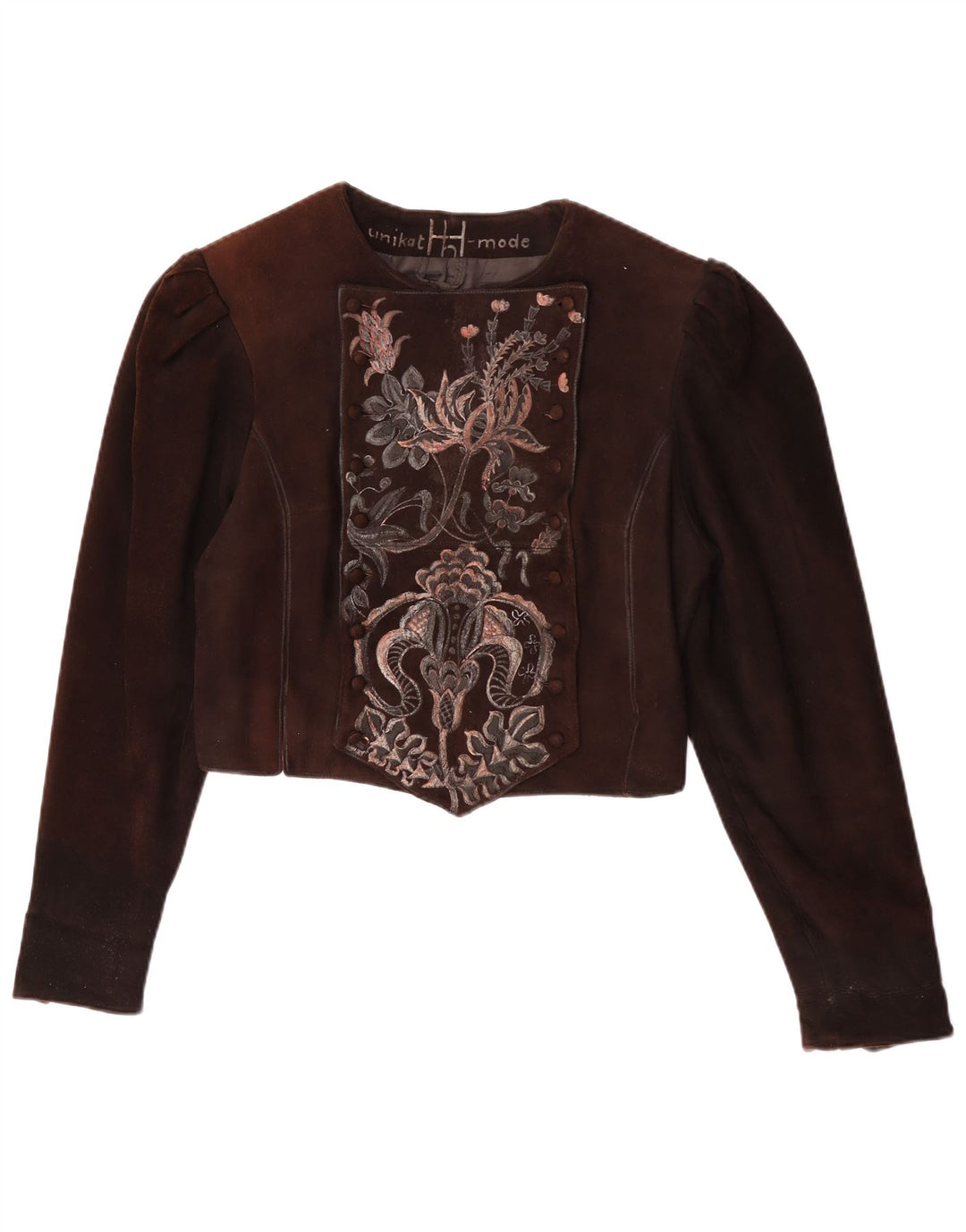 Jacheta de piele intoarsa pentru femei vintage UK 14 Maro Mediu Floral
