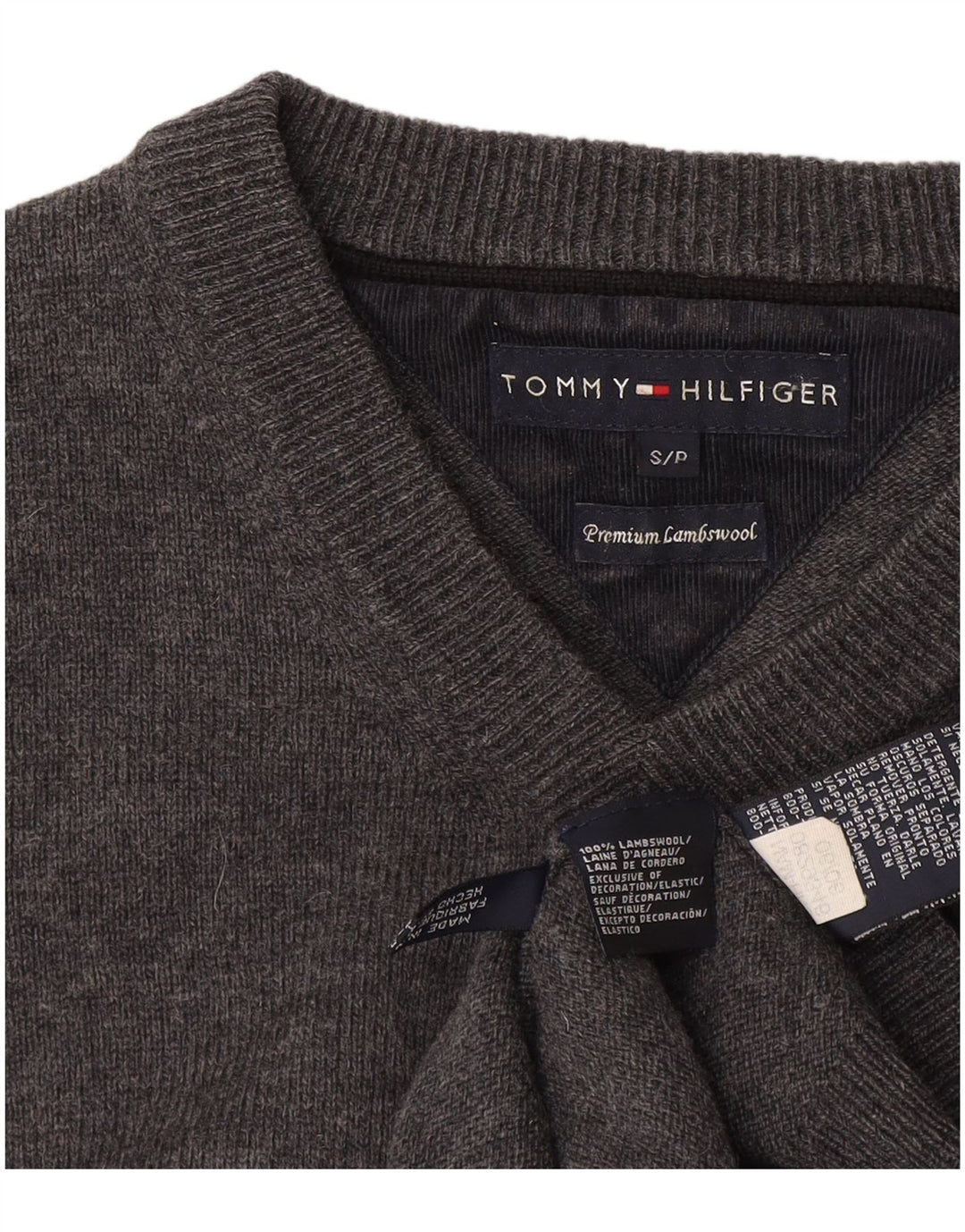 Pulover cu decolteu în V Tommy Hilfiger pentru bărbați, lână de miel, gri mică