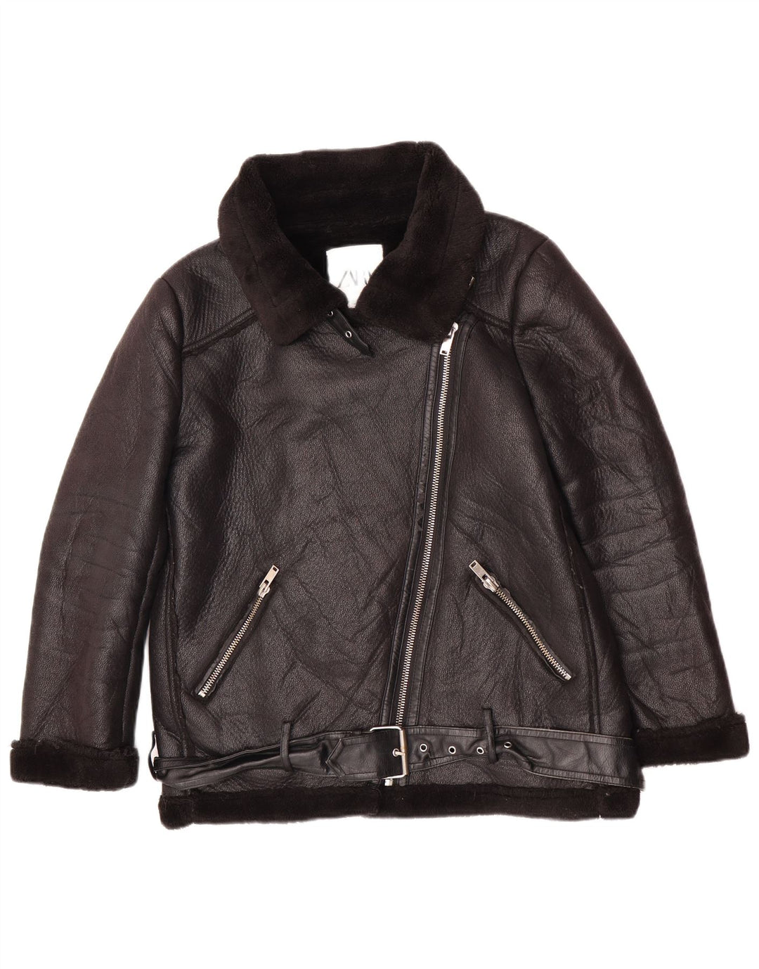 Jachetă Sherpa pentru femei din piele artificială Zara UK 14 Poliuretan mediu negru