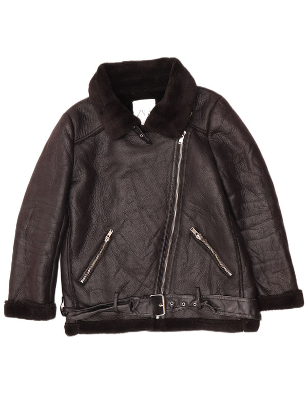 Jachetă Sherpa pentru femei din piele artificială Zara UK 14 Poliuretan mediu negru