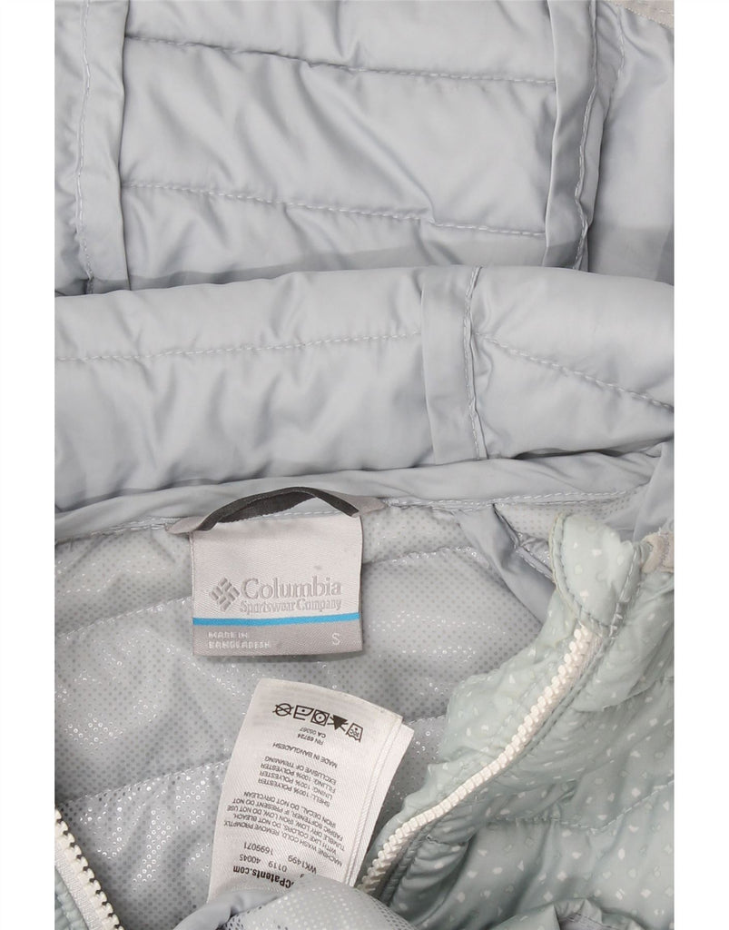 COLUMBIA Womens Hooded Padded Jacket UK 10 Small Blue Spotted Polyester Vintage Columbia and Second-Hand Columbia from Messina Hembry 