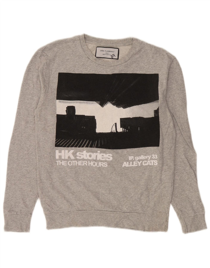 Pulover cu grafic pentru femei Zara UK 14 Bumbac gri mediu