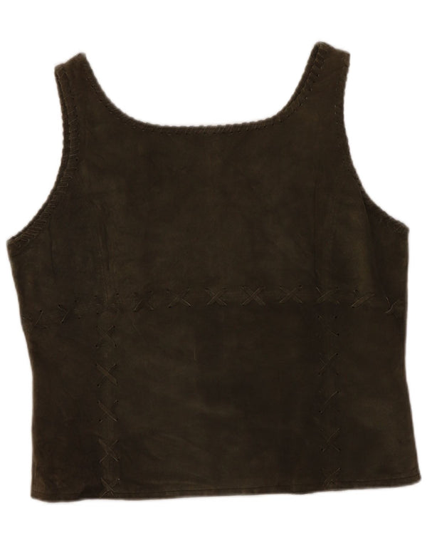 Rene Derhy Crop Top din piele intoarsa fara maneci pentru femei UK 14, mare, kaki