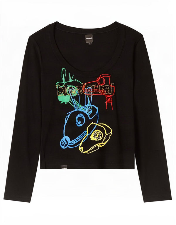 Desigual Womens Graphic Top Long Sleeve UK 10 Small Black Viscose