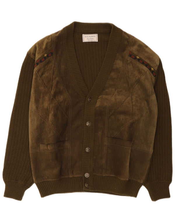 Pulover cardigan din piele intoarsa pentru barbati Malagrida XL verde