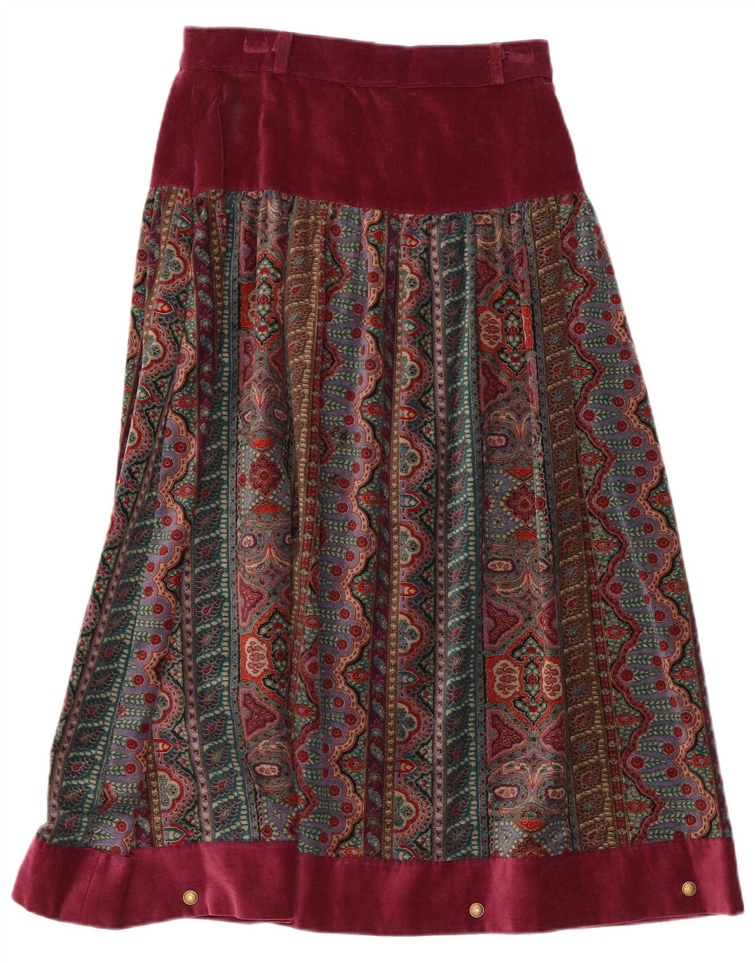 Fusta evazată din catifea vintage pentru femei IT 42 Medium W26 Burgundy Fair Isle