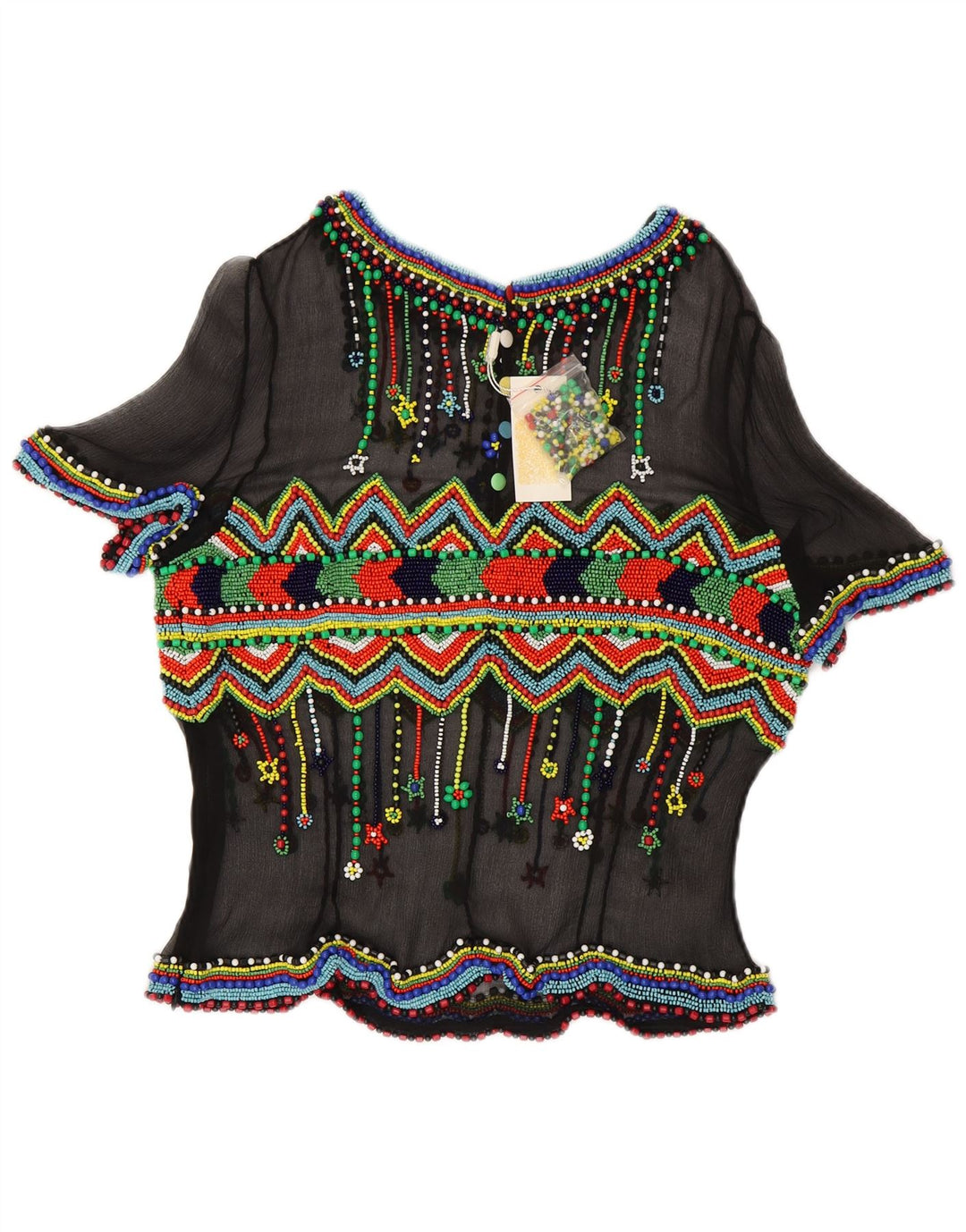 Bluză Vintage pentru femei See Through Top IT 48 XL Mătase geometrică neagră