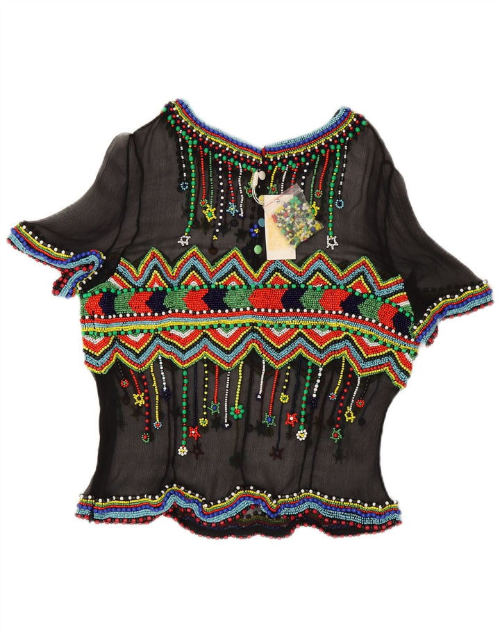 Bluză Vintage pentru femei See Through Top IT 48 XL Mătase geometrică neagră