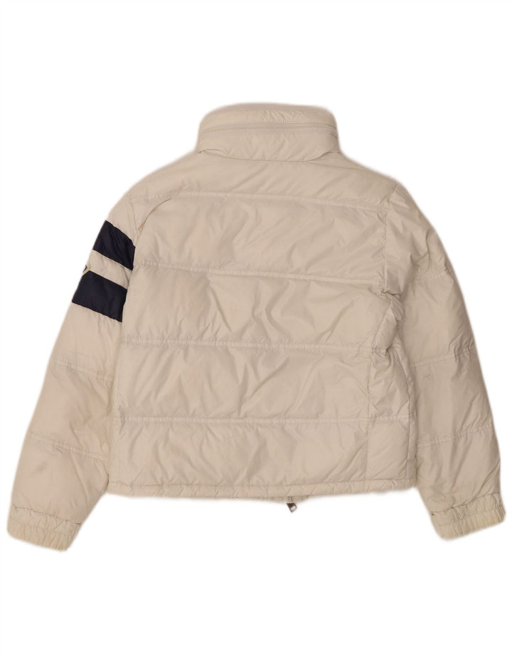 Jachetă căptușită cu grafică Moncler pentru fete 9-10 ani, albă, din poliamidă color bloc
