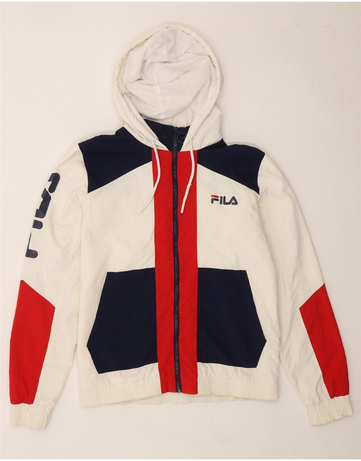FILA Womens Oversized Graphic Windbreaker Jacket UK 2 2XS White Vintage Fila and Second-Hand Fila from Messina Hembry 