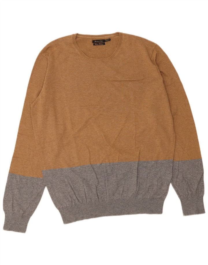 Pulover Massimo Dutti pentru bărbați cu gât roșu, bumbac color-bloc maro mediu