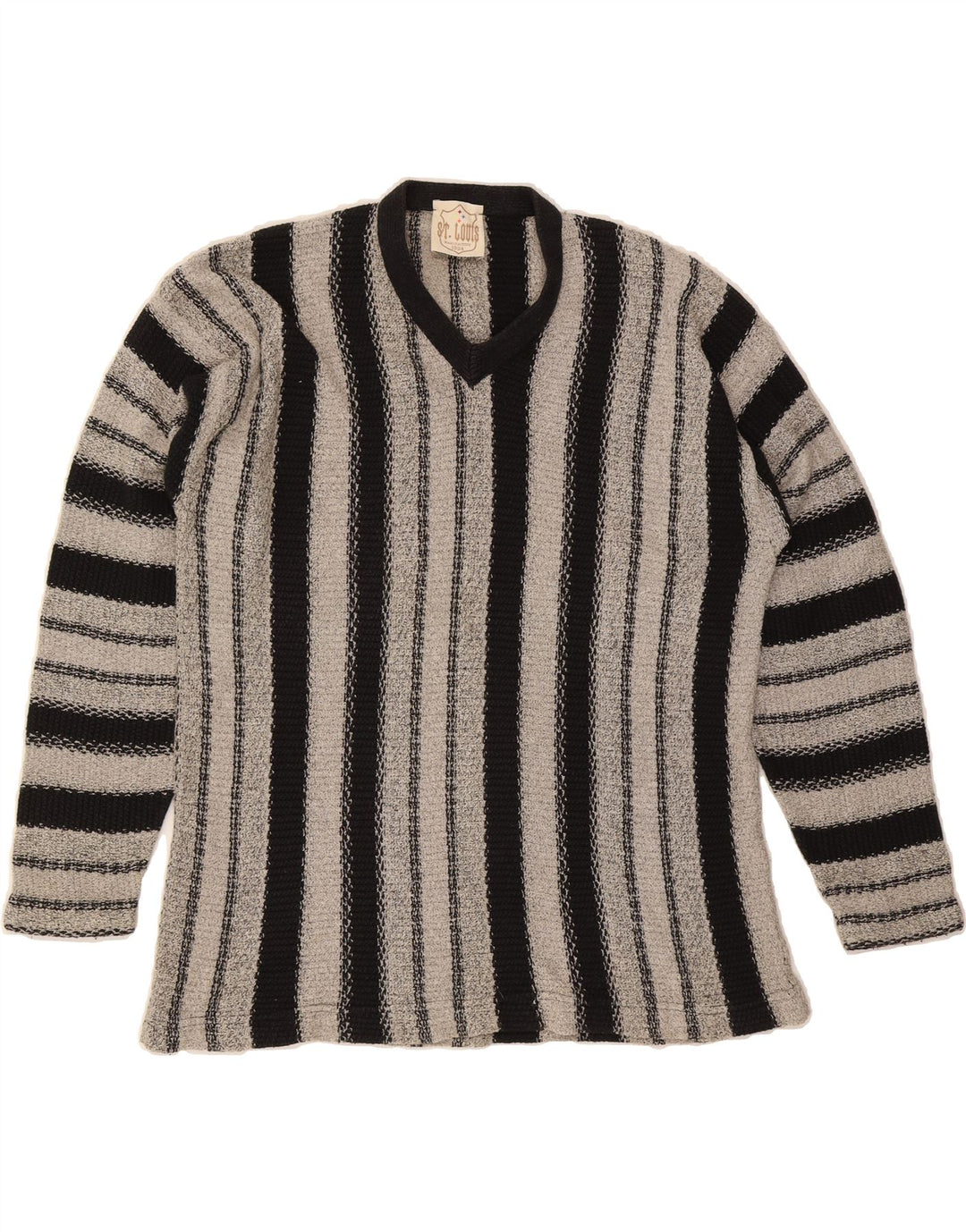 VINTAGE Mens V-Neck Jumper Sweater Medium Grey Striped Vintage Vintage and Second-Hand Vintage from Messina Hembry 