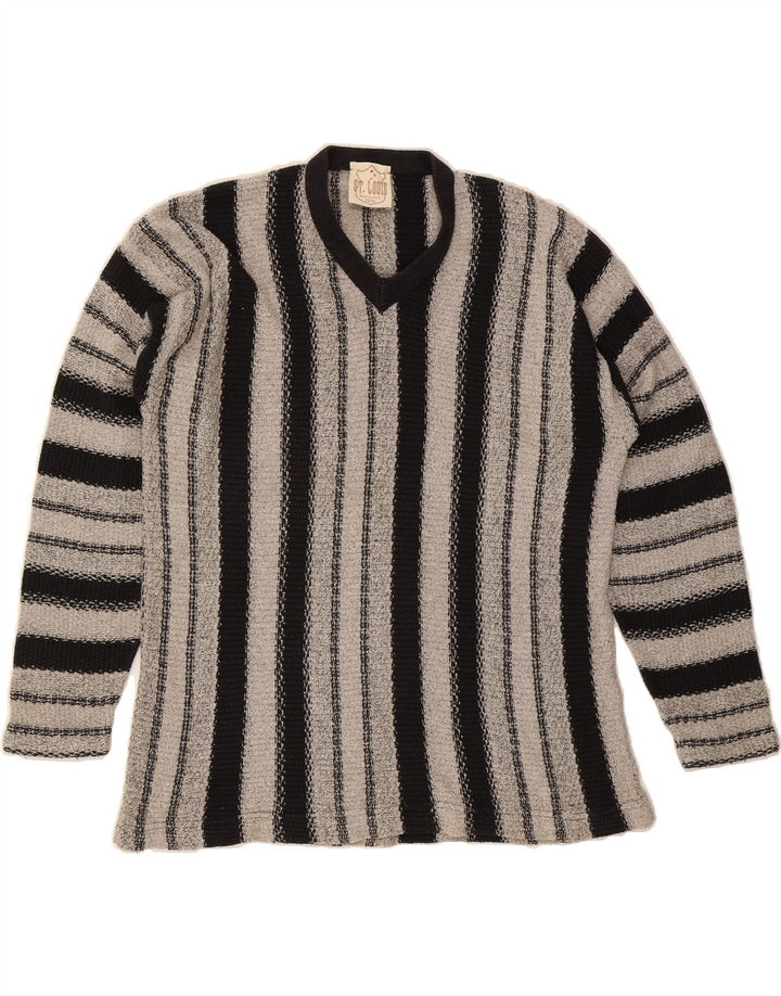 VINTAGE Mens V-Neck Jumper Sweater Medium Grey Striped Vintage Vintage and Second-Hand Vintage from Messina Hembry 