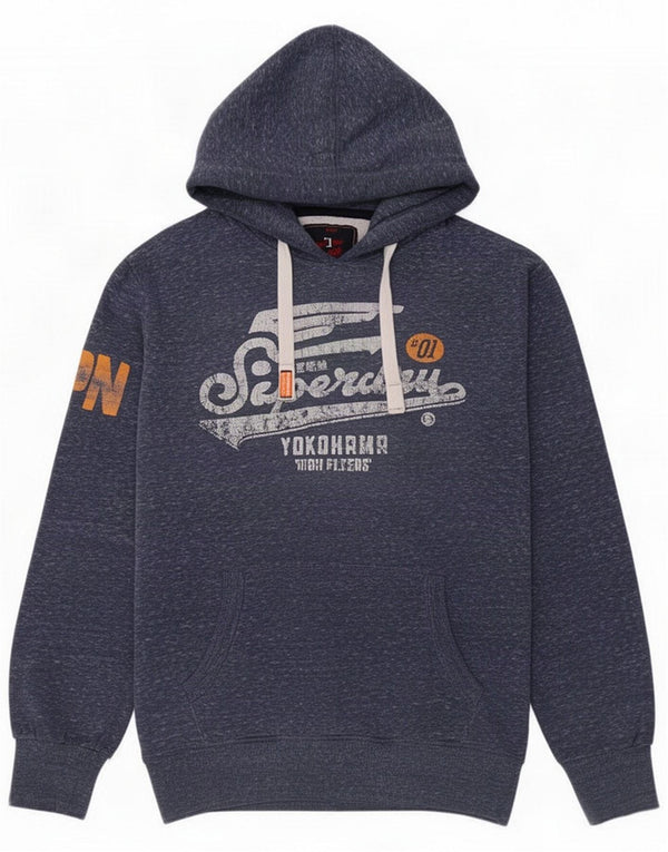 Superdry Mens Yokohama Graphic Hoodie Pulover XL bleumarin bumbac cu pete