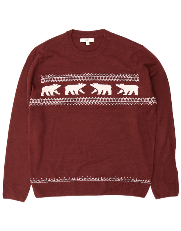 Pulover pentru bărbați Marks & Spencer, cu gâtul turn, mare, burgundă, Fair Isle