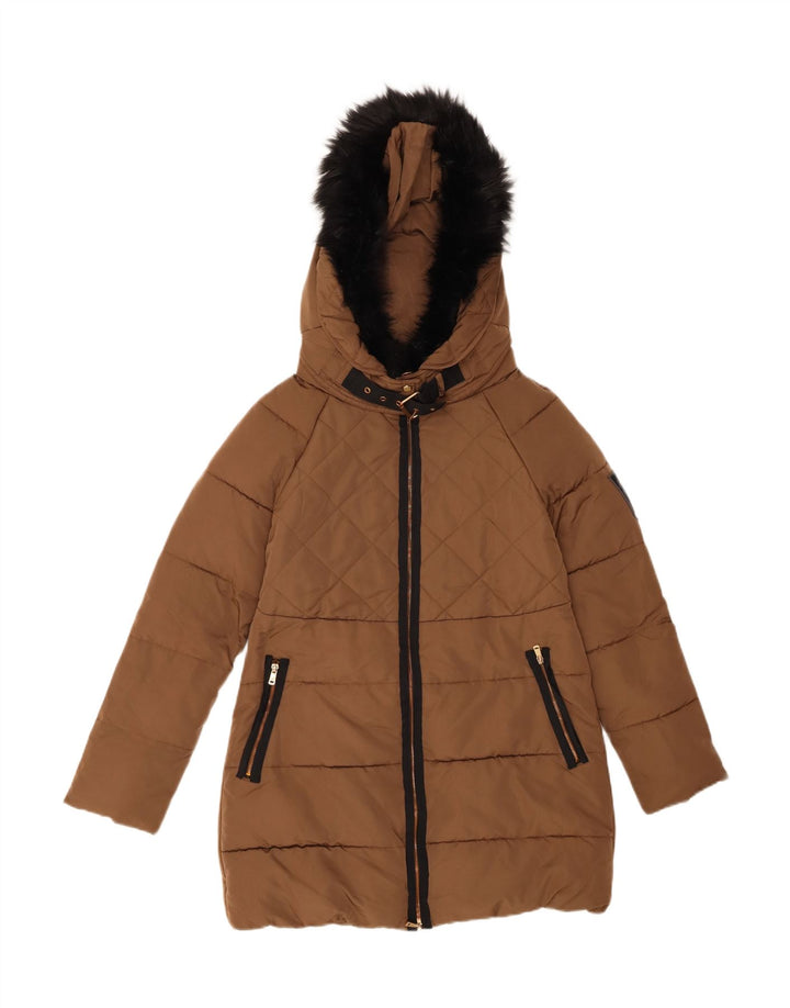 ZARA Womens Hooded Padded Jacket UK 14 Medium Brown Polyester Vintage Zara and Second-Hand Zara from Messina Hembry 