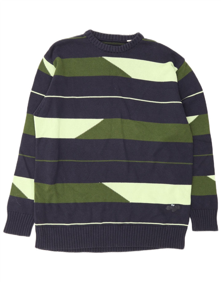Pulover vintage pentru bărbați cu decolteu triplu, mare, bleumarin, cu dungi