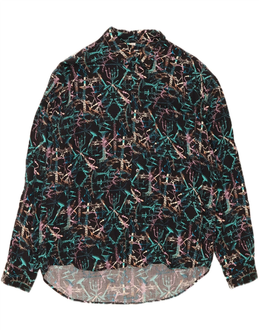 GLOBE TROTTER Mens Abstract Pattern Shirt Large Black Viscose Vintage Globe Trotter and Second-Hand Globe Trotter from Messina Hembry 