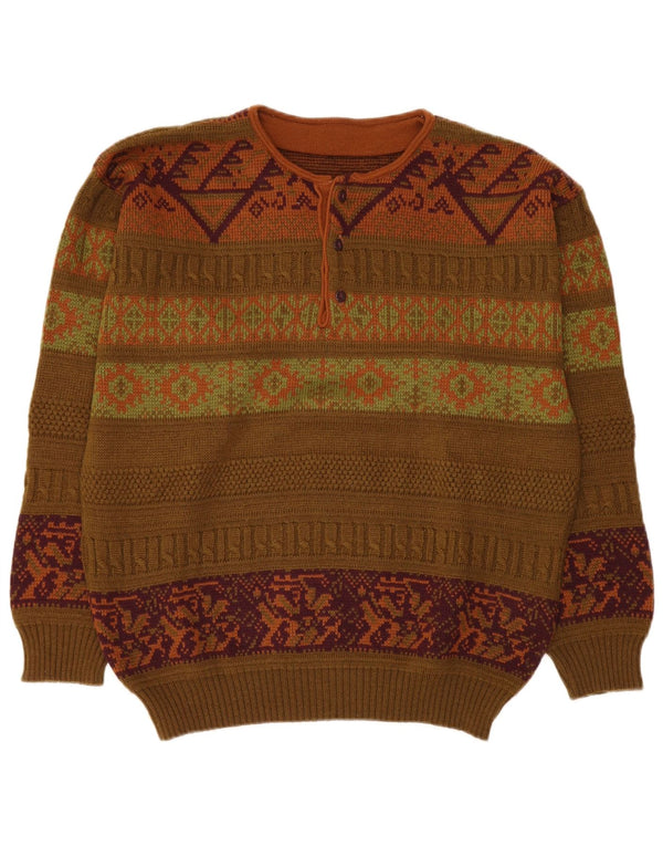 Pulover vintage pentru bărbați cu gât cu nasturi EU 50 Medium Kaki Fair Isle