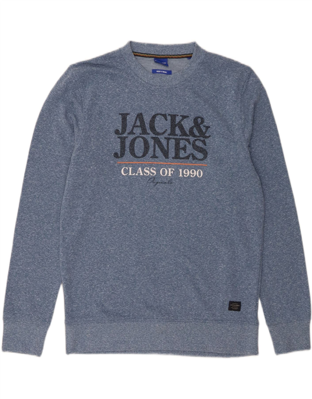 JACK & JONES Mens Graphic Sweatshirt Jumper Large Blue Flecked Polyester Vintage Jack & Jones and Second-Hand Jack & Jones from Messina Hembry 