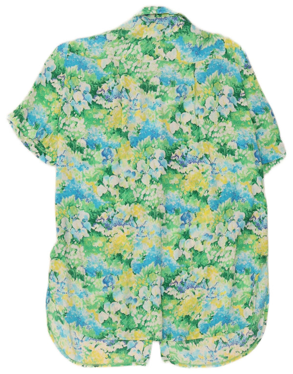 Cămașă vintage cu mânecă scurtă pentru femei UK 14 mare, verde, florală, viscoză