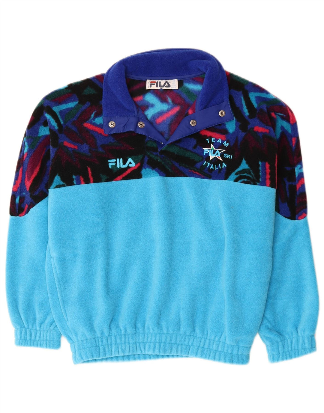 Pulover Fila pentru băieți, cu gât cu nasturi, fleece, 11-12 ani, albastru, poliester geometric