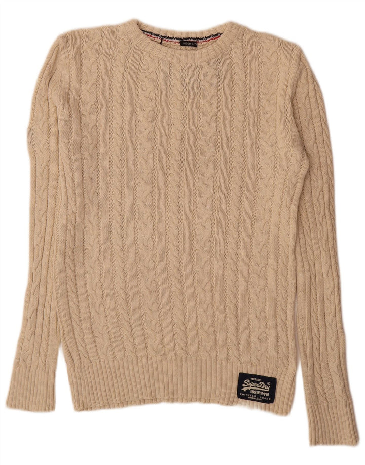 Pulover Superdry pentru bărbați, cu gât crew, bumbac mic, bej