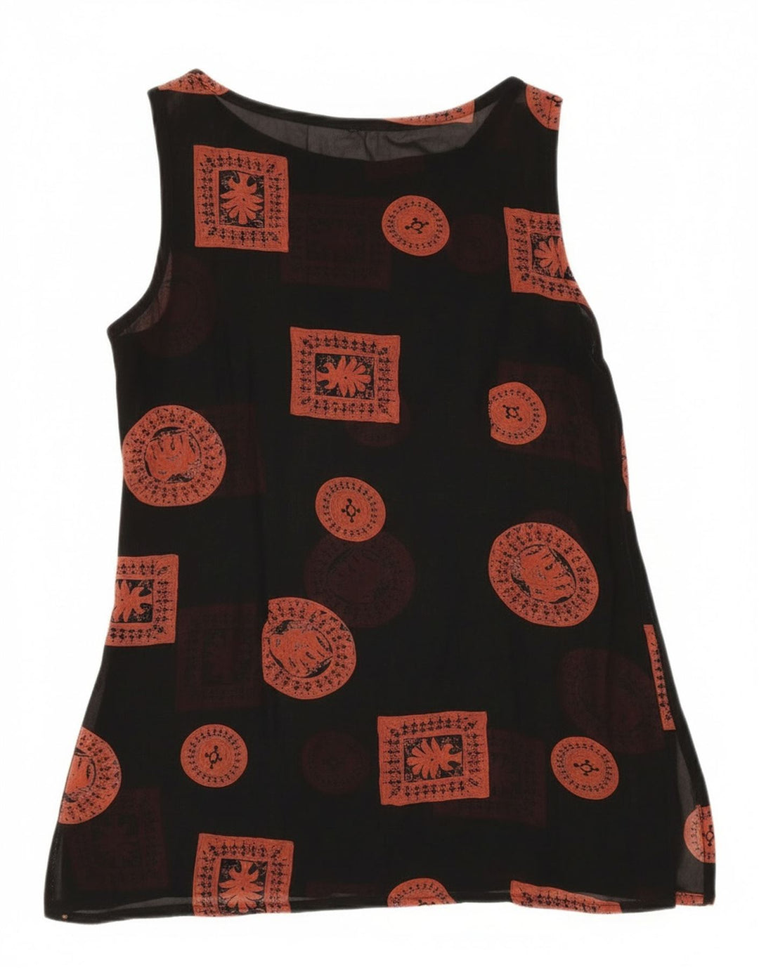 Top cu tunică fără mâneci vintage pentru femei UK 12 Medium Black Patchwork