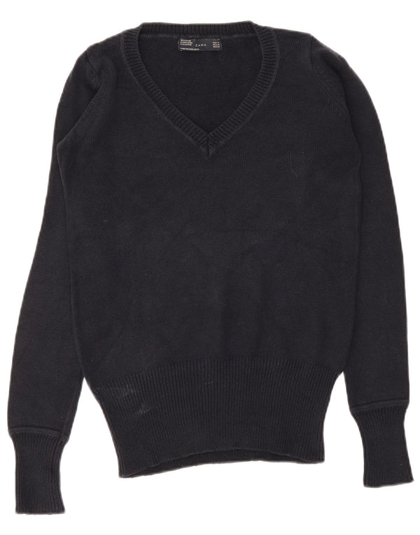 Pulover cu decolteu în V Zara pentru femei UK 12 Bumbac mediu albastru bleumarin