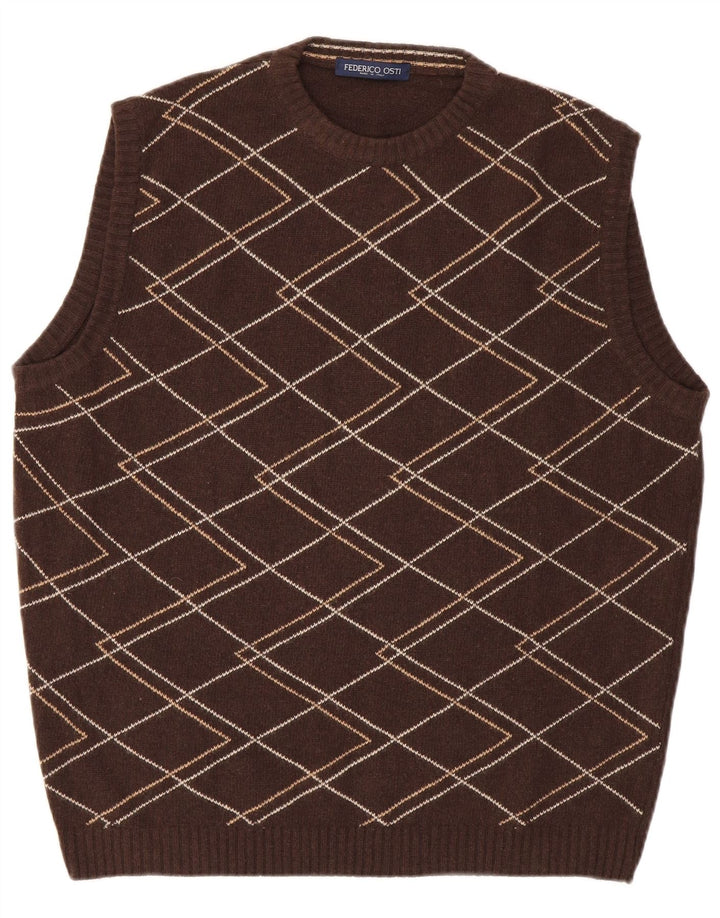 Vintage Mens Vest Tank Top IT 50 Medium Brown Geometric Wool