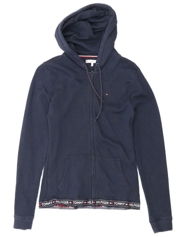 TOMMY HILFIGER Pulover cu capota cu fermoar grafic pentru femei UK 12 Medium Bleumarin