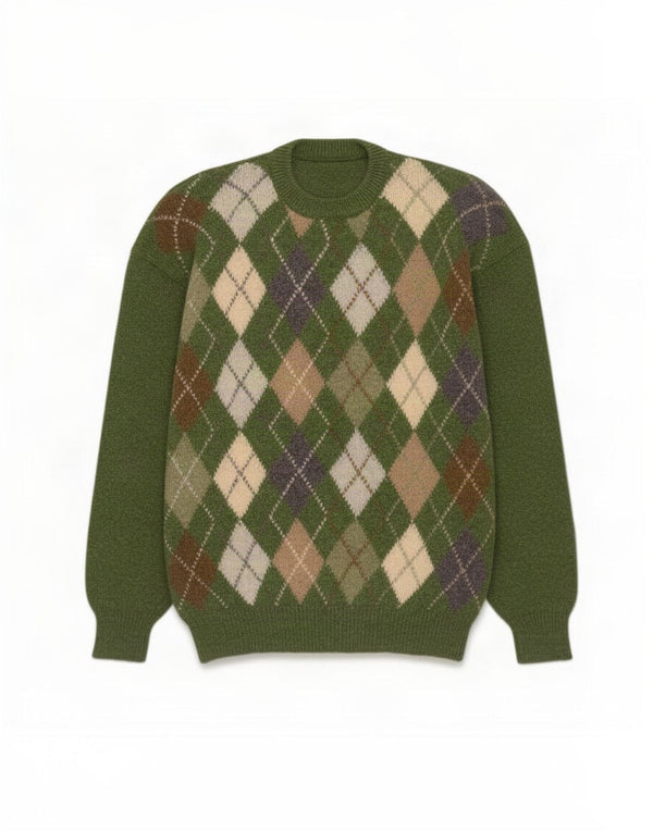 Pulover vintage pentru bărbați cu gâtul turnat XL verde Argyle/Diamond