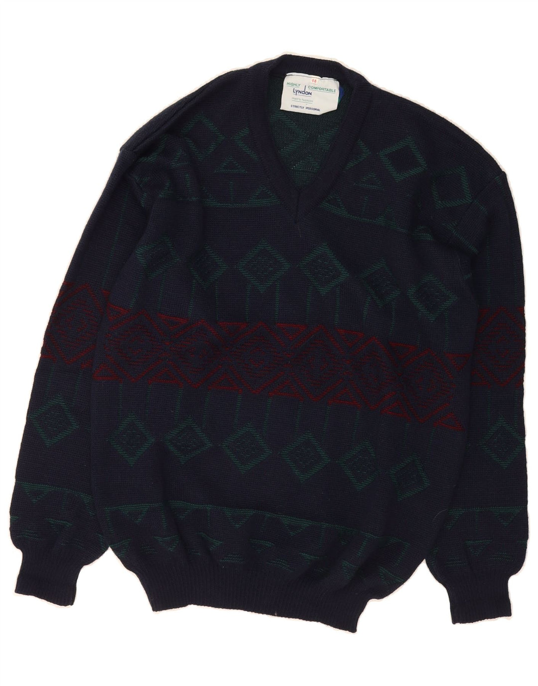 VINTAGE Mens V-Neck Jumper Sweater IT 48 Medium Navy Blue Geometric Vintage Vintage and Second-Hand Vintage from Messina Hembry 